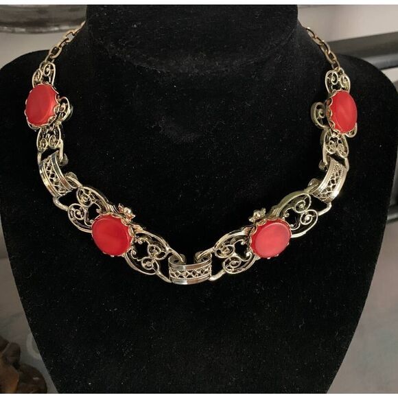 Silver plate Choker Necklace with Orange disk stations, Vintage - Picture 2 of 4